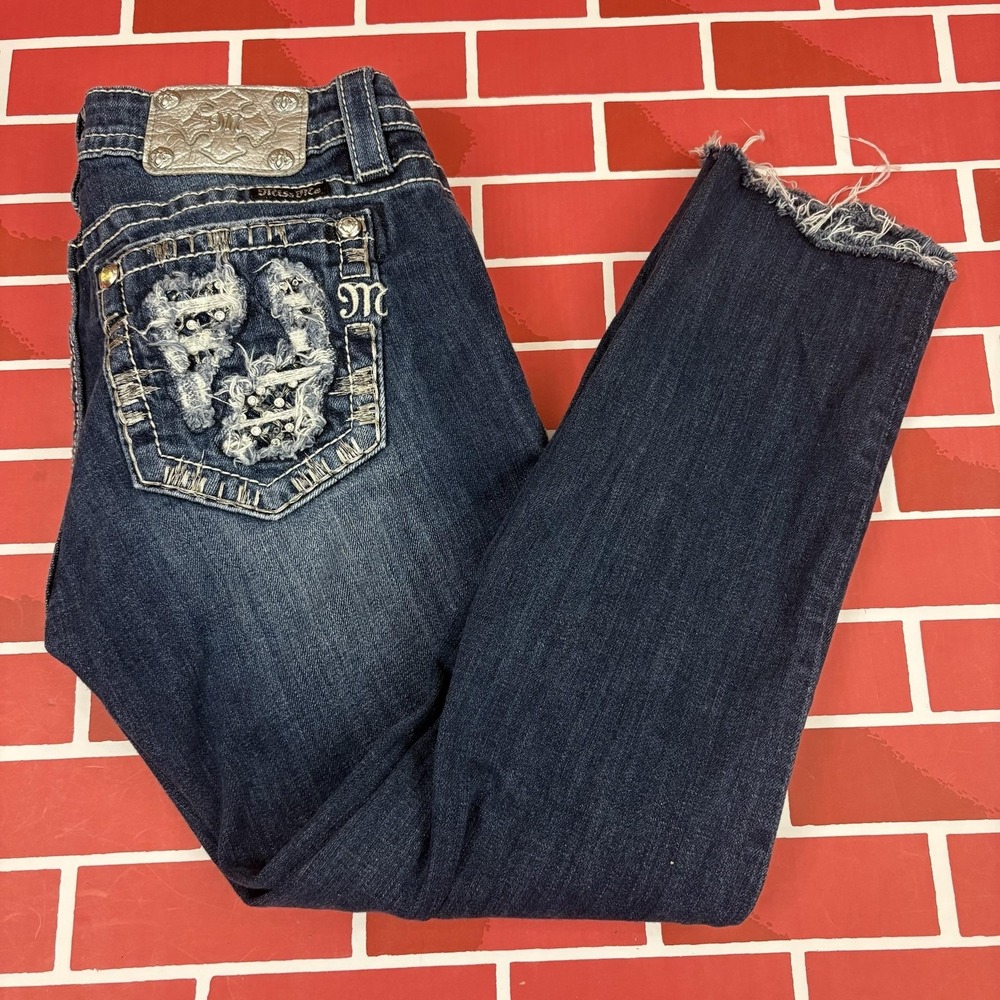 Miss Me Signature Skinny Jeans Womens 28 Dark Wash Distressed Raw Hem Rhinestone
